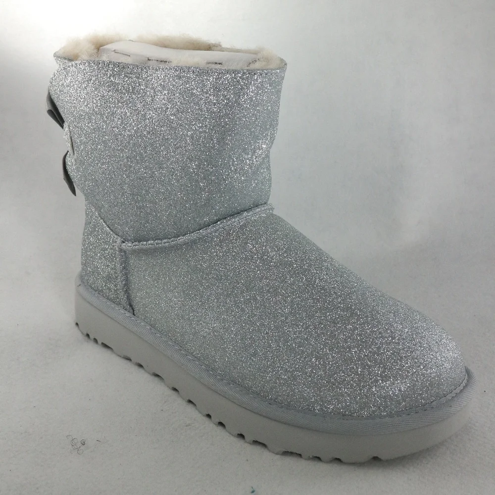 UGG Womens Mini Bailey Bow Silver Sparkle PAIR Boots NEW Sz 6 - Picture 4 of 8